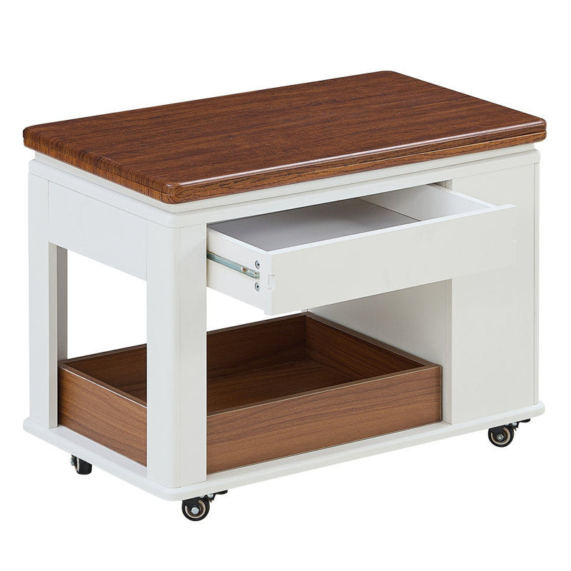 Table basse moderne multifonctionnelle avec plateau pliable, roulettes et rangement à plusieurs niveaux, Blanc