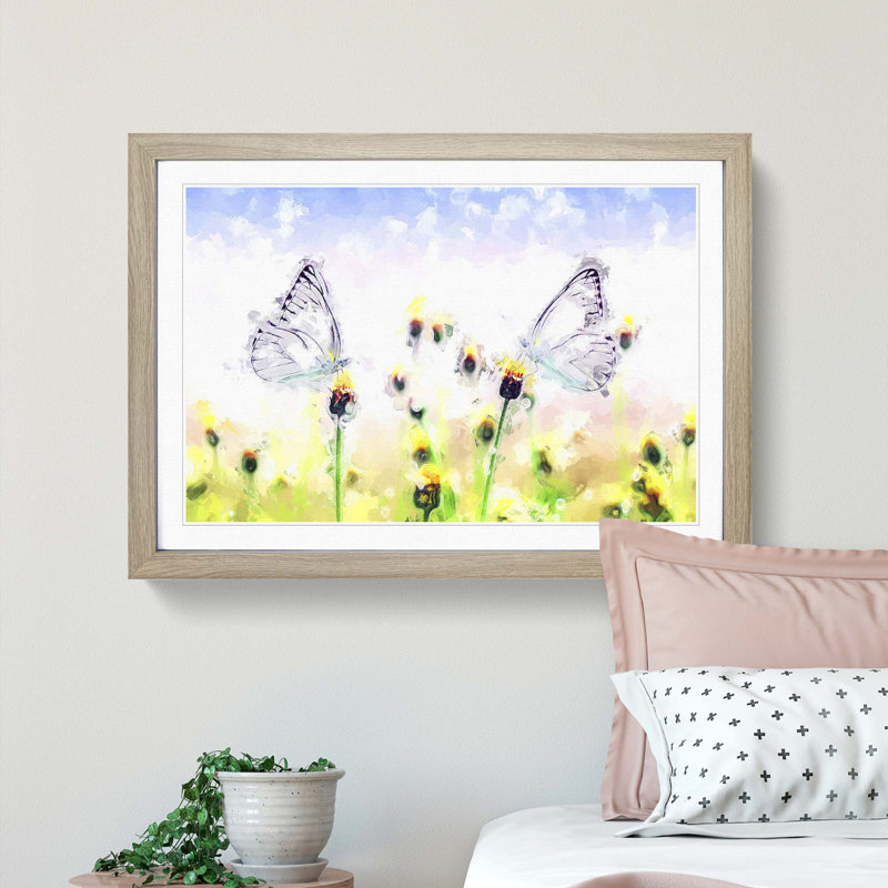 Two Butterflies upon Yellow Flowers in Abstract - Picture Frame Painting Print, 62cm H x 87cm W x 2cm D, Oak Framed