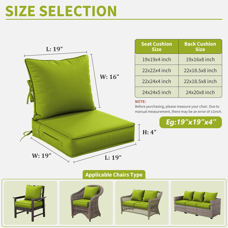 Outdoor Deep Seating Cushion Set Indoor And Outdoor Seat / Back Cushion, Available In 4 Sizes, Grass Green, 19" H x 19" W