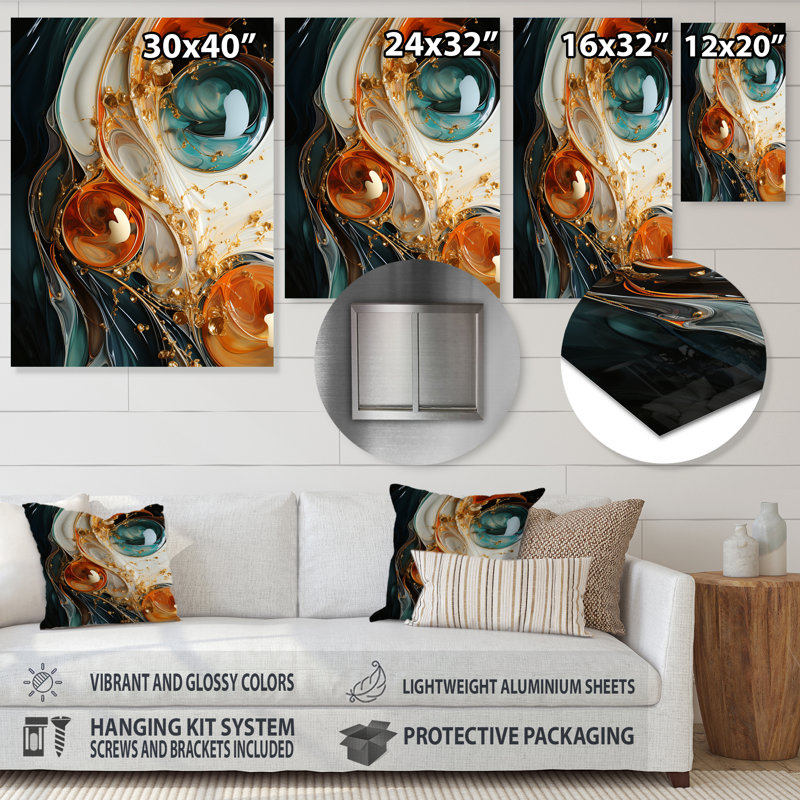Tempête d'encre blanche blanche, bleue et orange VI - Art mural abstrait en métal, H 20 po x l 12 po x P 1 po
