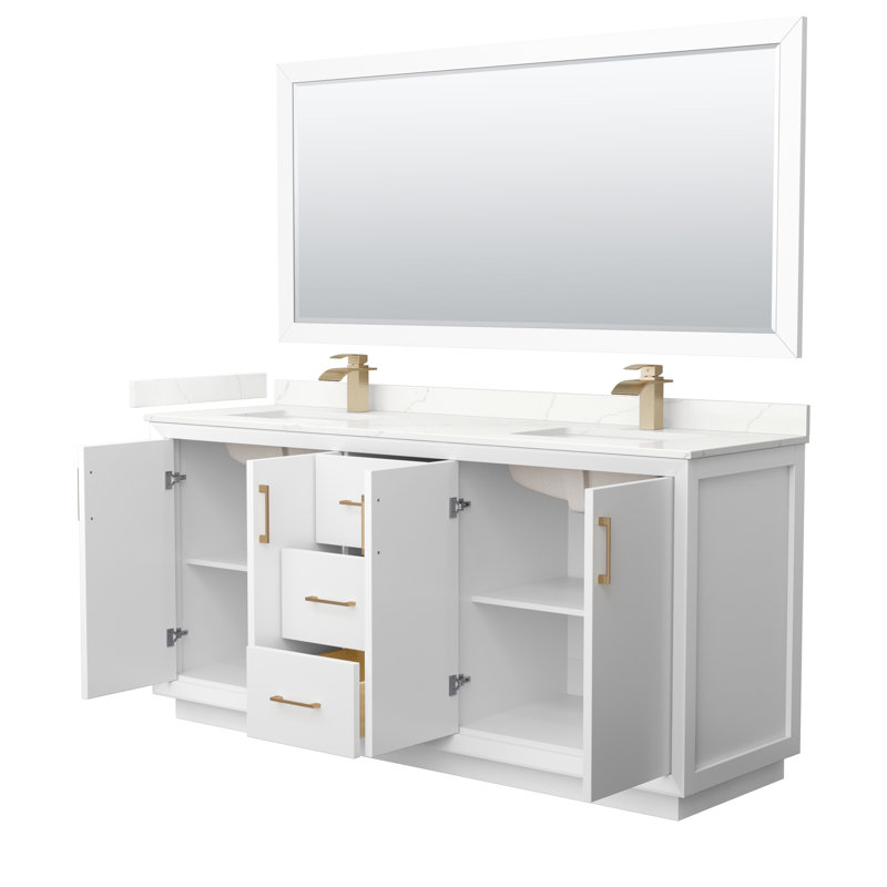 Meuble-lavabo double autoportant 72 po avec plateau en quartz Strada, Quartz Giotto, Blanc, Nickel brossé