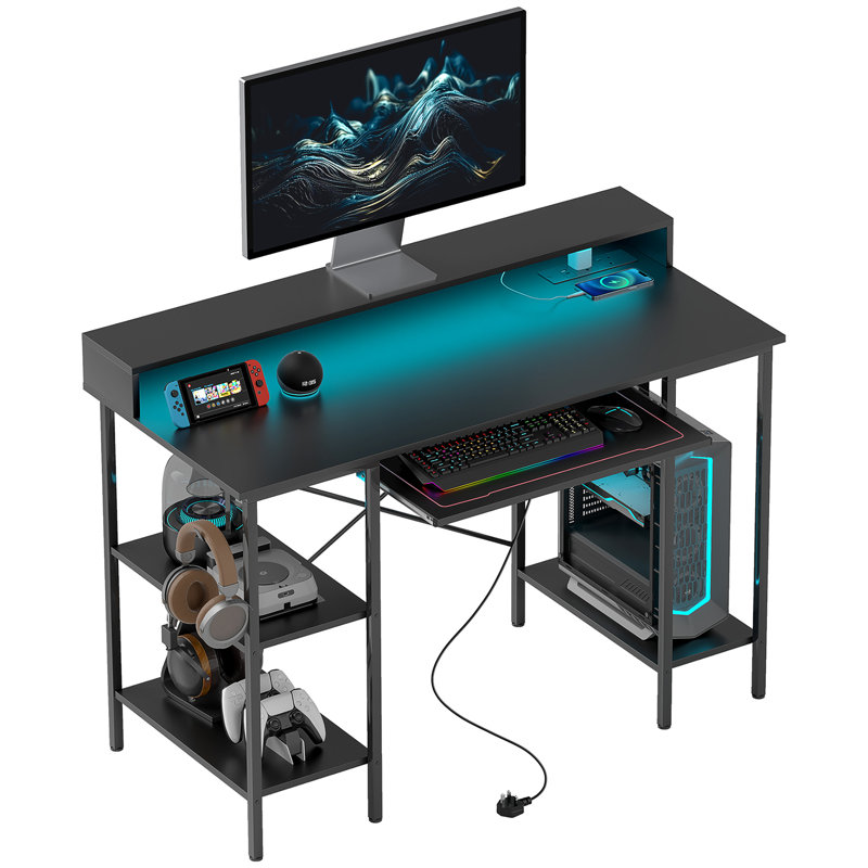 Metal Base Computer Desk with Power Outlet, Black
