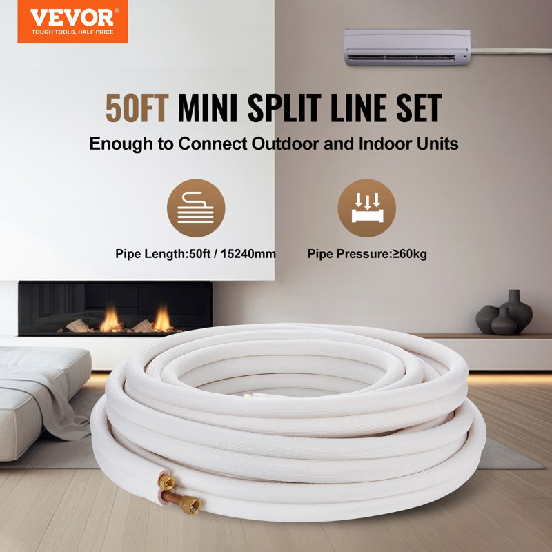 50FT Mini Split Line Set, 3/8" And 5/8" O.D Copper Pipes Tubing And Triple-Layer Insulation, For Mini Split Air Conditioning Refrigerant Or Heating Pump Equipment And HVAC With Wrapping Strips.