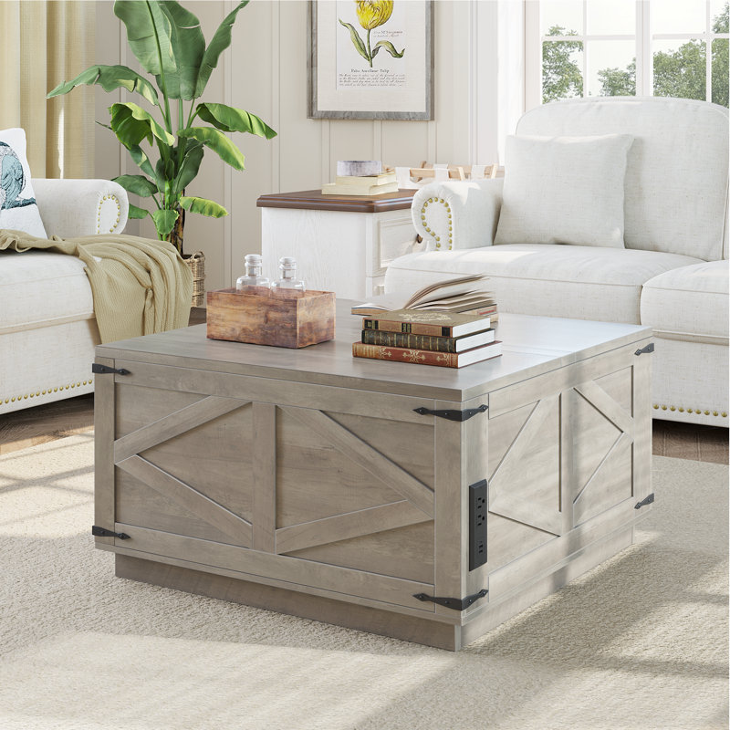 Farmhouse Lift Top LED Coffee Table With Storage, Gray Top/Gray Base