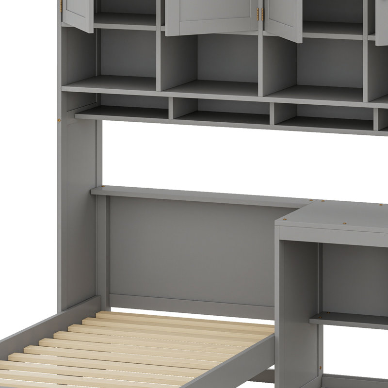 Lit plateforme moderne avec bureau, armoire, armoires et tiroirs pour un rangement maximal, Gris