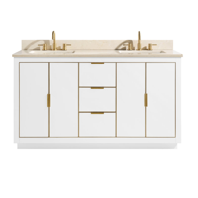 Austen 61'' W Double Vanity, Carrara White Marble/Gold, White