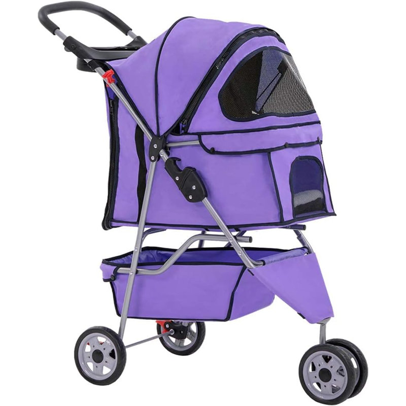 New Pet Stroller Cat Dog Cage 3 Wheels Stroller Travel Folding Carrier T13, Purple