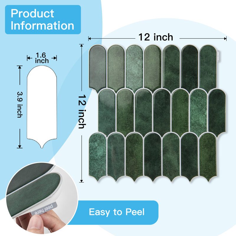 12'' x 12'' Peel and Stick Backsplash, Self-Adhesive Wall Tiles for Kitchen Bathroom,Thicker Design(Set of 10), Green