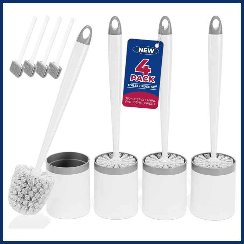 Ensemble de 4 brosses de toilette blanches avec support, trousse de nettoyage compacte pour salle de bain, manche ergonomique, poils denses et brosses pour les rainures.