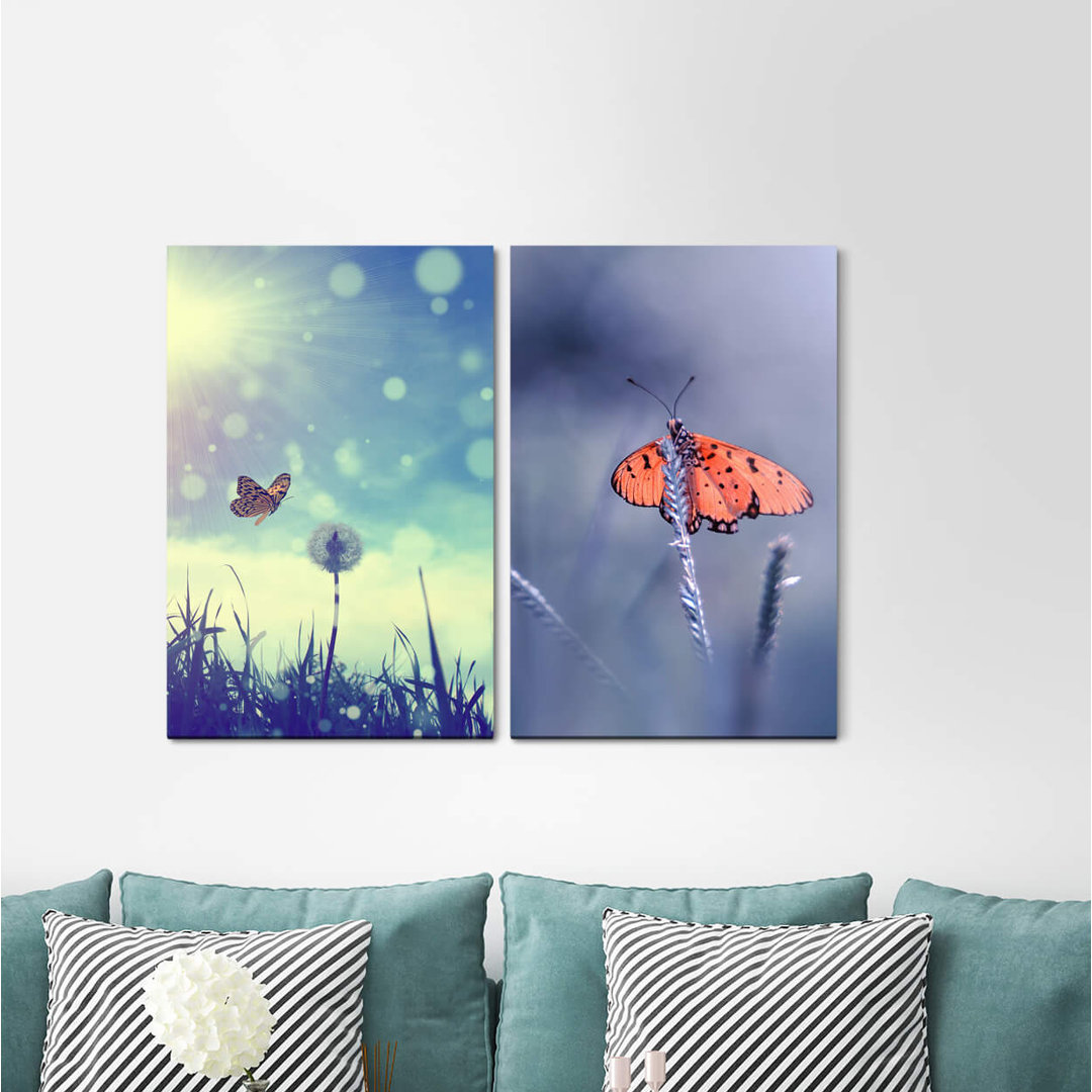 2-tlg. Leinwandbilder-Set - Grafikdruck „Summer Butterfly Blowball Summer Meadow Sunshine Violet”