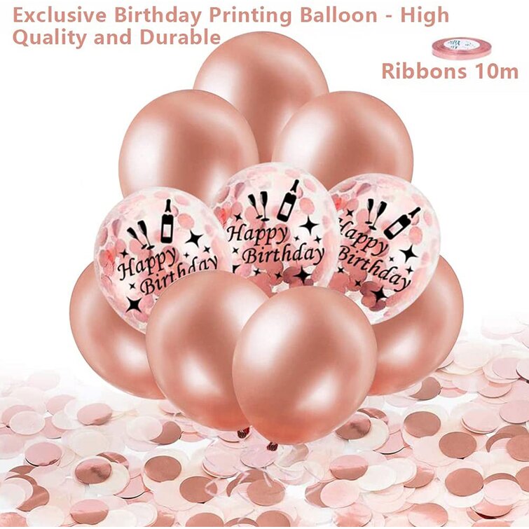 MMTX MMTX Rose Gold Women's Birthday Decoration, Happy Birthday Rose Gold Balloon Confetti With Cake Topper, Banner, Glitter Tassels, Teen Girls Birth