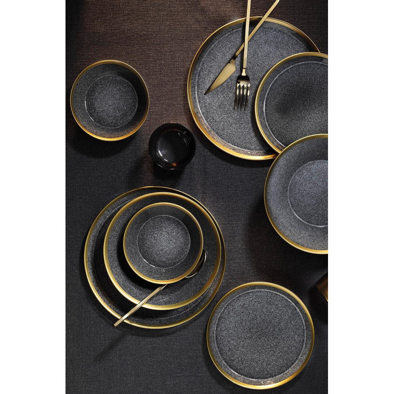 Eisine Piece Dinnerware Set - Service for 4, Black/Gold