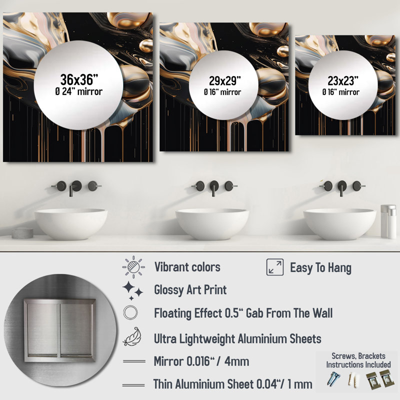 Ivah - Grand miroir carré abstrait en marbre pour décoration murale, 23 po x 23 po