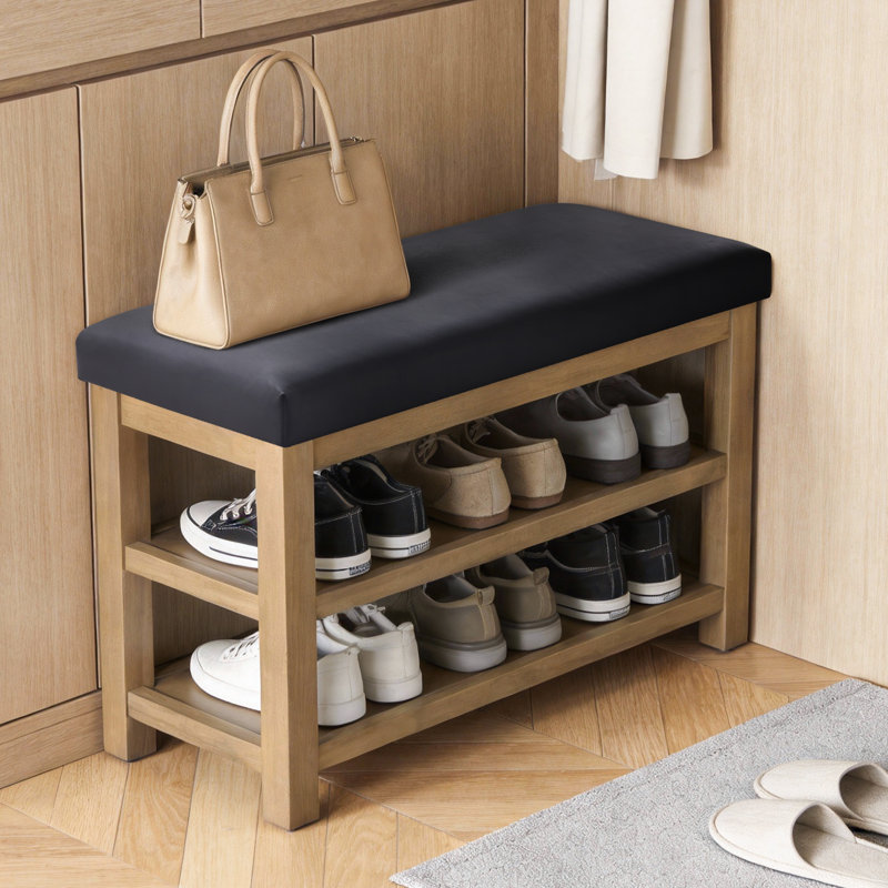 Banc de rangement rembourré pour chaussures en similicuir Hahnville, 21.3" H x 31.5" W x 13.8" D, Noir