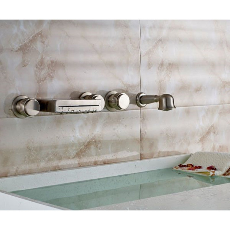 Juno Wall-Mounted Brushed Nickel Bathtub Faucet with Waterfall Spout & Handheld Shower
