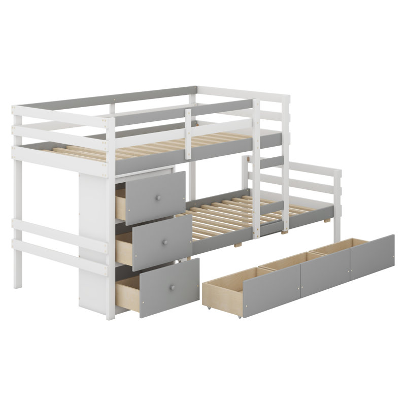 Jakir Kids Twin Over Twin Wooden Loft Bunk Bed with Drawers & Ladder, Gray/Natural