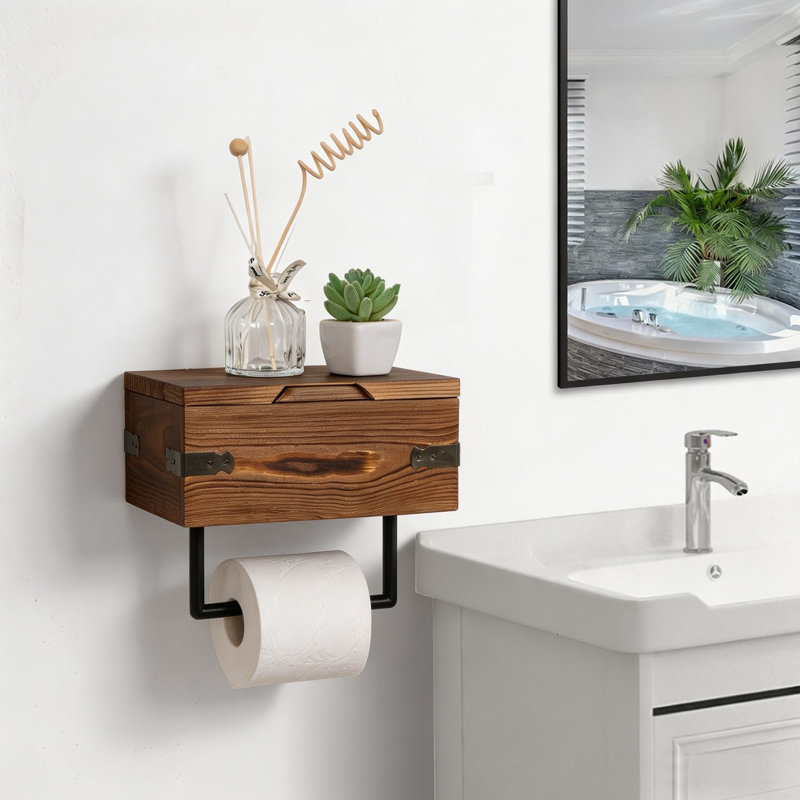 Porte-papier hygiénique mural en bois d'acacia massif de style moderne du milieu du siècle, avec distributeur de lingettes humides et étagère de rangement, organisateur de salle de bain