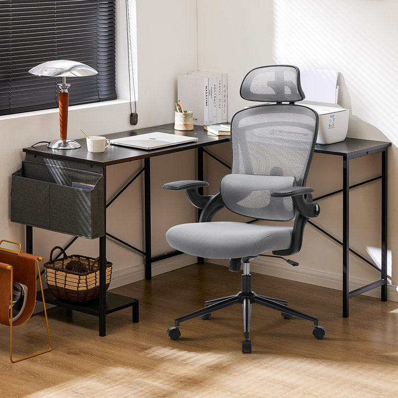 Desk and Chair Set: L-Shaped Computer Desk and Mesh Office Chair, Gray Chair/Black Desk
