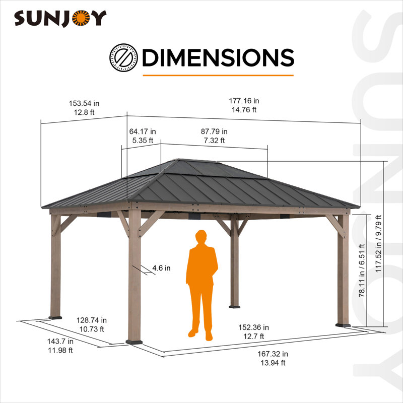 Pavillon de jardin d'extérieur en bois de cèdre 13 pi x 15 pi Sunjoy, Brun, Brun