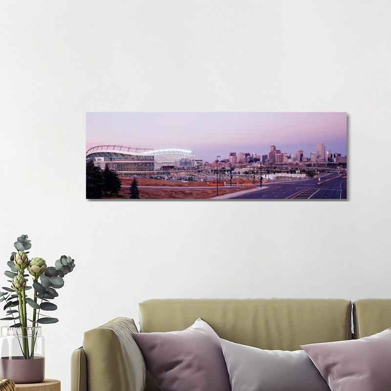 USA, Colorado, Denver, Invesco Stadium, Skyline At Dusk - Wrapped Canvas Panoramic Print