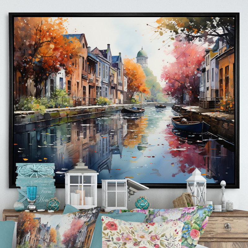 Pointillisme du canal rose vibrant - impression, H 16 po x l 32 po x P 1 po, Cadre flottant noir