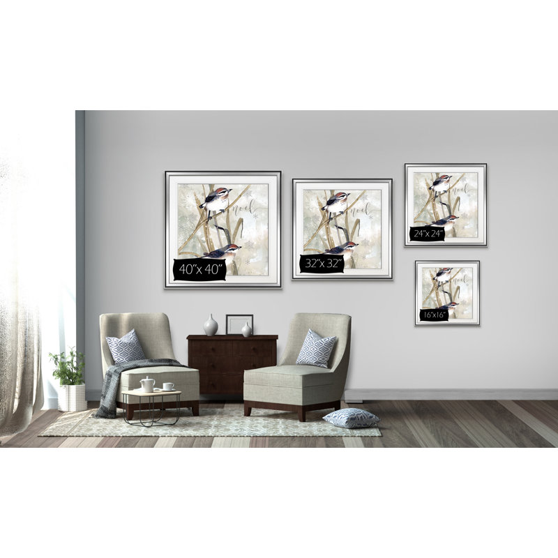 « winter oiseaux noel », peinture, H 16 po x l 16 po x P 1,5 po, Encadrement argenté