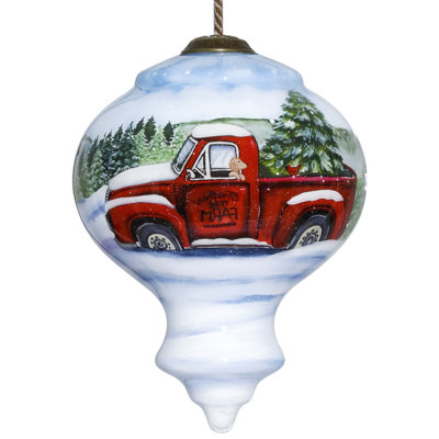 Red Farm Truck with Tree Hand Painted Mouth Blown Glass Ornament