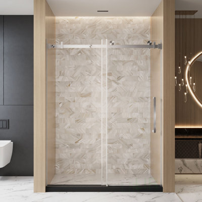 Frameless Single Sliding Shower Door With Clear Tempered Glass, Explosion Proof Film, And Stainless Steel Handle For Modern Bathrooms, Shower Door