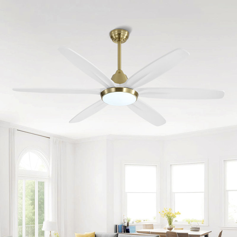 60" Solid Wood Ceiling Fans Dimmable LED Light Ceiling Fan With Remote, 6-Speed Noiseless Reversible DC Motor, White, Gold