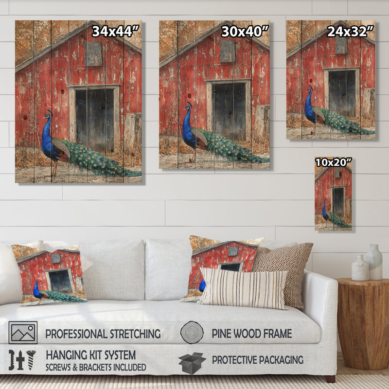 Paon à la ferme jardin II - décoration murale oiseau en bois - sur bois de pin naturel, H 20 po x l 10 po x P 0,78 po