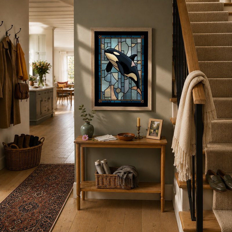 Stained Glass Orca Geometric - Framed Print, Oak, A4 - 29.7 x 21.0 cm