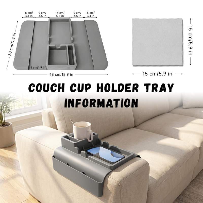 Plateau porte-gobelet pour canapé, plateau avec accoudoirs pour canapé avec poches latérales, rangement antidérapant pour organisateur d'accoudoirs pour tablette de téléphone portable ou télécommandes, 2 PCS (gris)