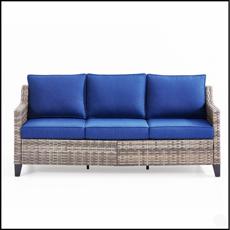 Canapé d'extérieur 73,2 pouces, canapé 3 places en rotin gris avec coussins confortables et fabrication durable, Bleu