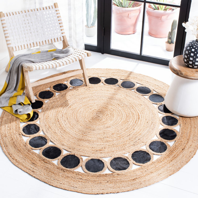 Combs Natural Fiber Hand Woven Jute/Leather Geometric Rug in Black/Beige