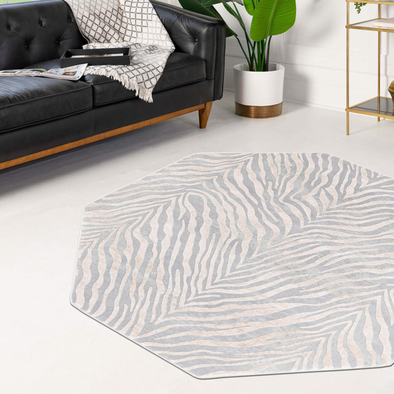Tapis gris / ivoire Animal Inspirations Courtneyann, Octogone 5 pi 3 po