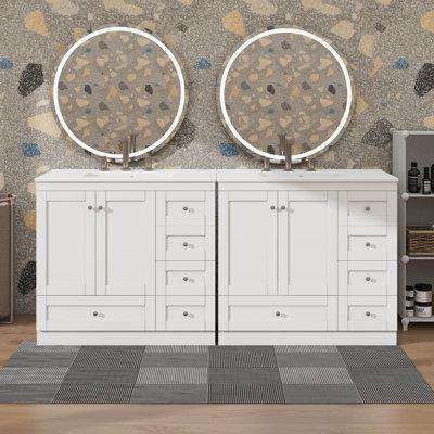 Armoire de meuble-lavabo autoportante de style shaker de 72 pouces avec lavabo en céramique, tiroirs à fermeture en douceur et portes à fermeture en douceur