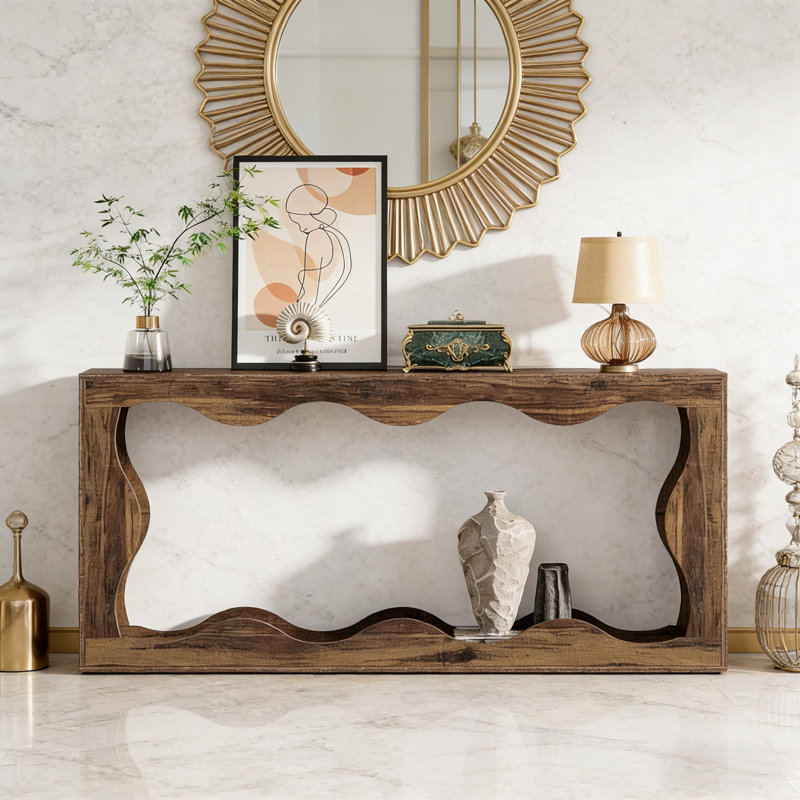 Modern Industrial Farmhouse Console Table – 2-tier Entryway Table With Wavy Lines & Natural Wood Grain, Wood
