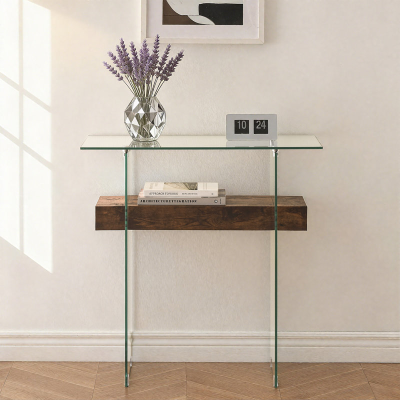 Tempered Glass Console Table with Shelf, Walnut, 31.5"H x 31.5"W x 13.8"D