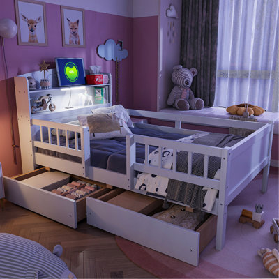 Wood Twin Size Platform Bed With Built-In LED Light, Multi-Functional Headboard, Guardrail And 2 Drawers, White