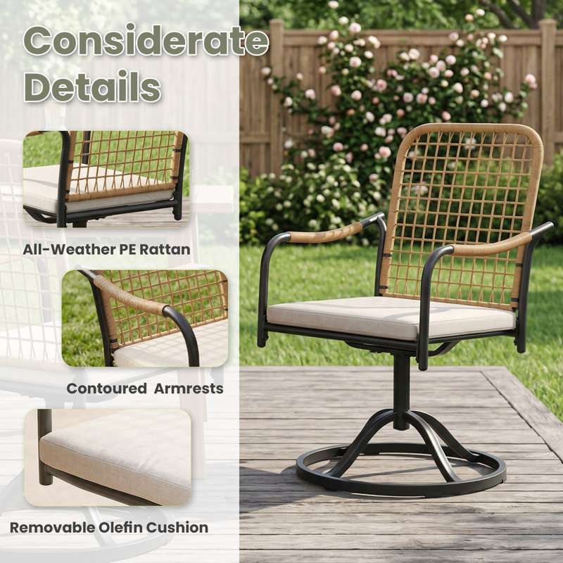 8-Person Round Patio Dining Set With Swivel Cushioned Rattan Chairs, Brush Wood Brown