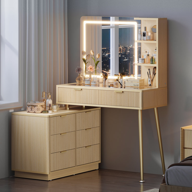 Fluted Vanity Desk With Mirror And Lights, Glass Top Makeup Vanity Table With 8 Drawers & Storage Shelves For Bedroom, Flexible Arrangement