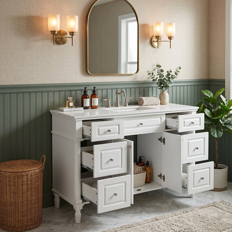 Bathroom Vanity Set Freestanding Standard Free Standing Single Double Single Vanity Bathroom Vanity With Resin Top, White