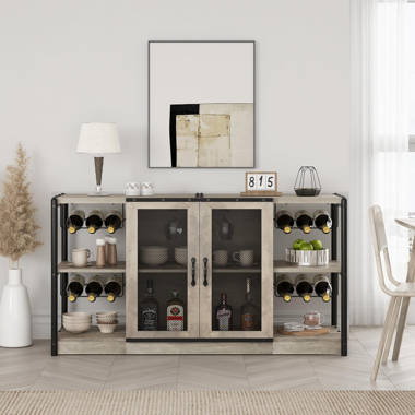 Rathgunde 55W Farmhouse Wine Bar Cabinet for Liquor & Glasses, Wood Sideboard with Wine Rack Buffet 17 Stories Color: Brown