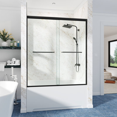 62-67"W x 66"H Semi-Frameless Double Sliding Tub Door, 1/4" (6mm) SGCC Clear Tempered Glass, R5 Beveled Edge Design, Shatter-Resistant Film, Adjustable Rollers, Reversible Handle