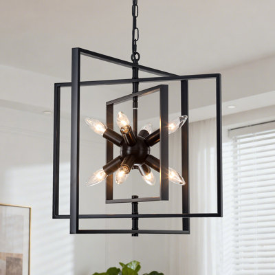 Lustre carré ajustable de 8 lumières de 21,65 po à hauteur réglable de style bougie Spoutnik de style industriel pour salle à manger, vestibule, salon