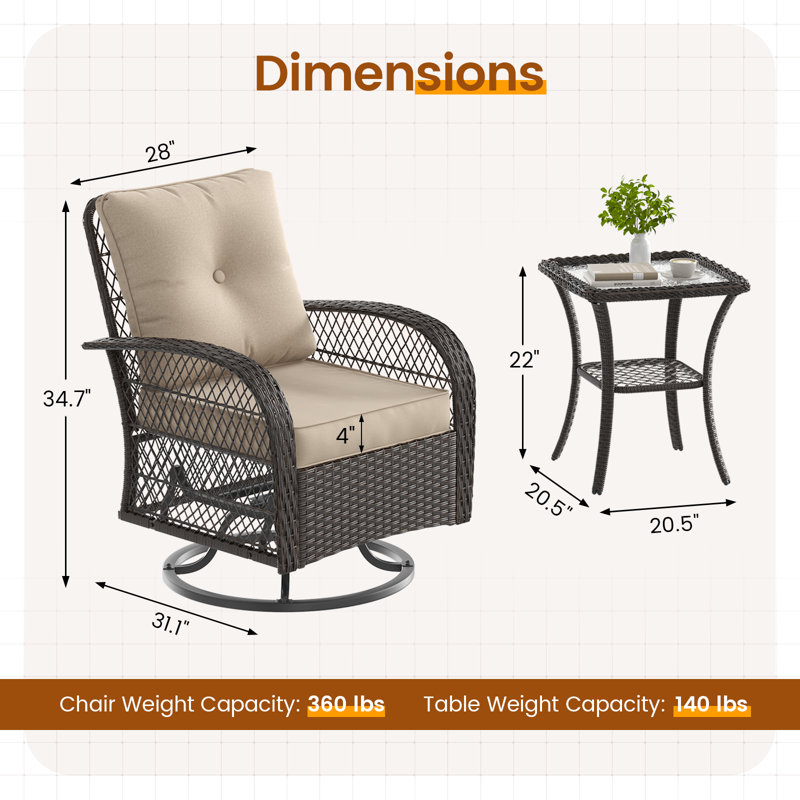 Ensemble 2 pièces de chaises pivotantes en osier avec coussins, Beige