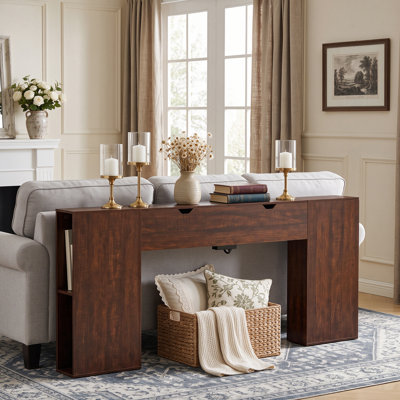 Console de 180 cm avec rangement, longue table d'entrée avec tiroir dissimulé à couvercle rabattable et étagères latérales, table d'appoint moderne en bois à placer derrière un canapé, table d'appoint étroite avec prises électriques et ports USB pour le salon