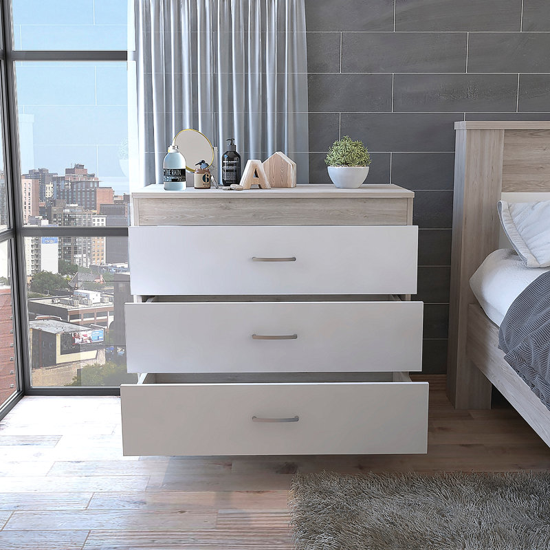 Commode à trois tiroirs, Blanc, gris et brun