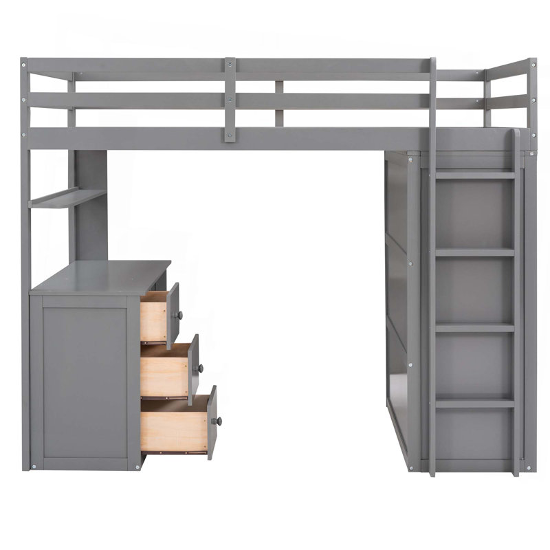 Lit mezzanine avec tiroirs, bureau et garde-robe, Gris, Lit simple