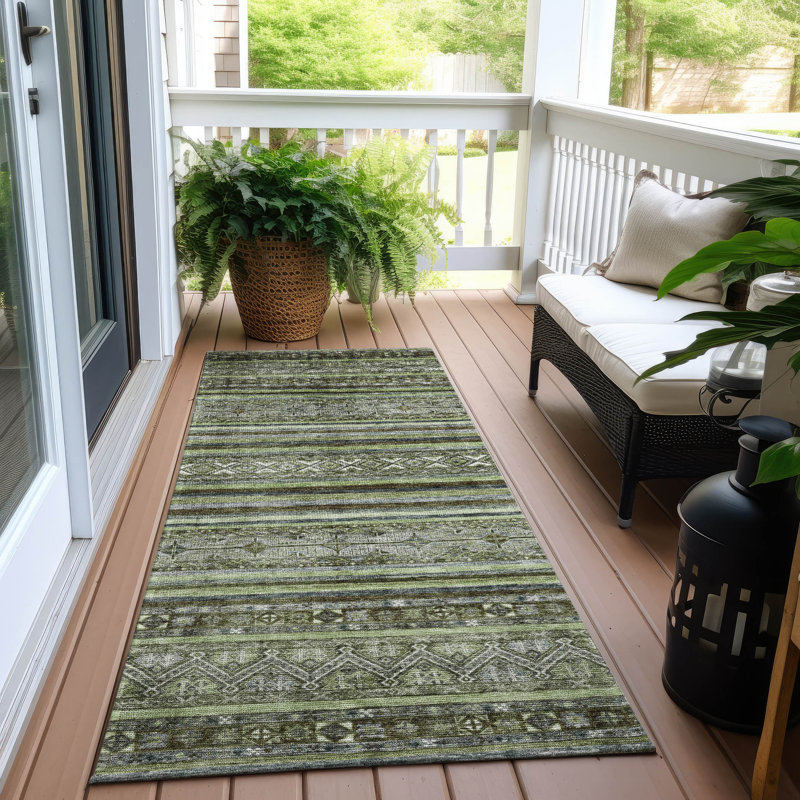 Machine Washable Indoor/Outdoor Claudian ACN1644 Olive Rug, Runner 2'3" x 7'6"